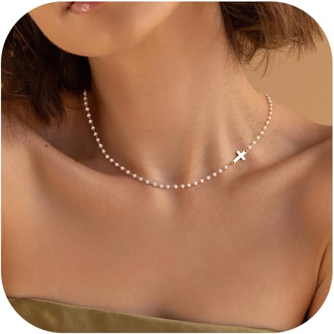 Robaice Pearl Cross Necklace for Women, Eternal Gold Pearl Necklace with Cross Pendant, Dainty Pearls and Cross Necklace Christian Faith Jewelry Gift - Image 1